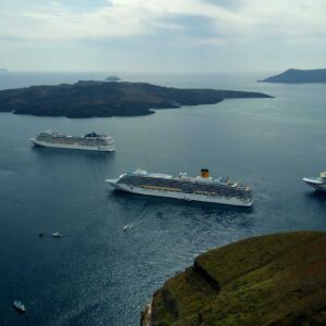 Cruise ships above the port of Santorini