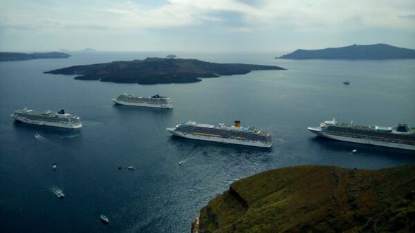 Cruise ships above the port of Santorini